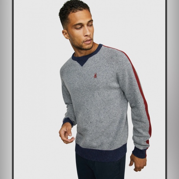 Psycho Bunny Men's Gray 100% Merino Wool Crew Neck Sweater Navy Trim Size M EUC - Picture 1 of 8